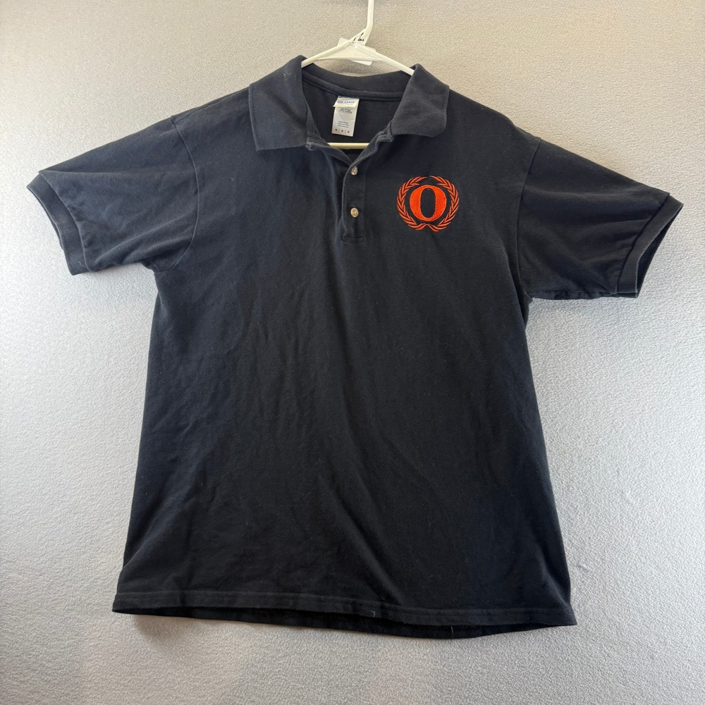Gildan Ultra Cotton Men Black Polo Shirt Orange Embroidered O Wreath Logo Size M